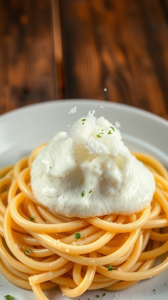 A fluffy parmesan foam on creamy pasta garnished with herbs on a rustic table.